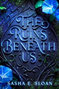 The cover has gray vines growing on a wall. around them are glowing blue flowers and their green leaves and sprouts. Blue sparkles float in the air.