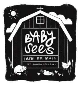 The cover is black and white. It has a sun shining over a barn. On the ground is a cat, a chicken, and a duck with her ducklings.