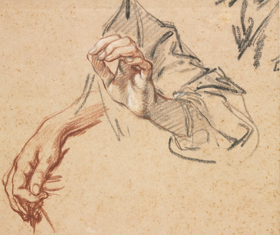 A pencil sketch of a hand pulling cloth and a hand retracting.