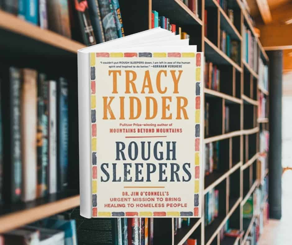 The cover is light yellow with a dashed boarder. The dashes are in red, blue, and a darker yellow. Behind the cover are shelves of books.