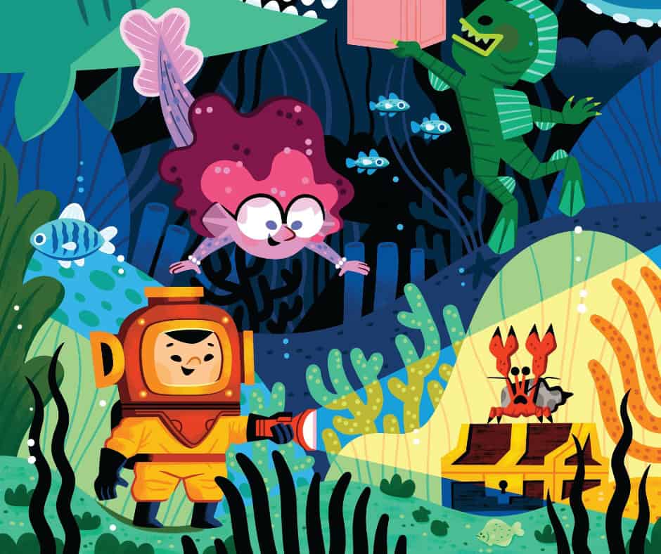 A boy in an old fashioned scuba suit pointing a flashlight at a crab. They are at the bottom of the ocean. Above them are mer-creatures and a shark.