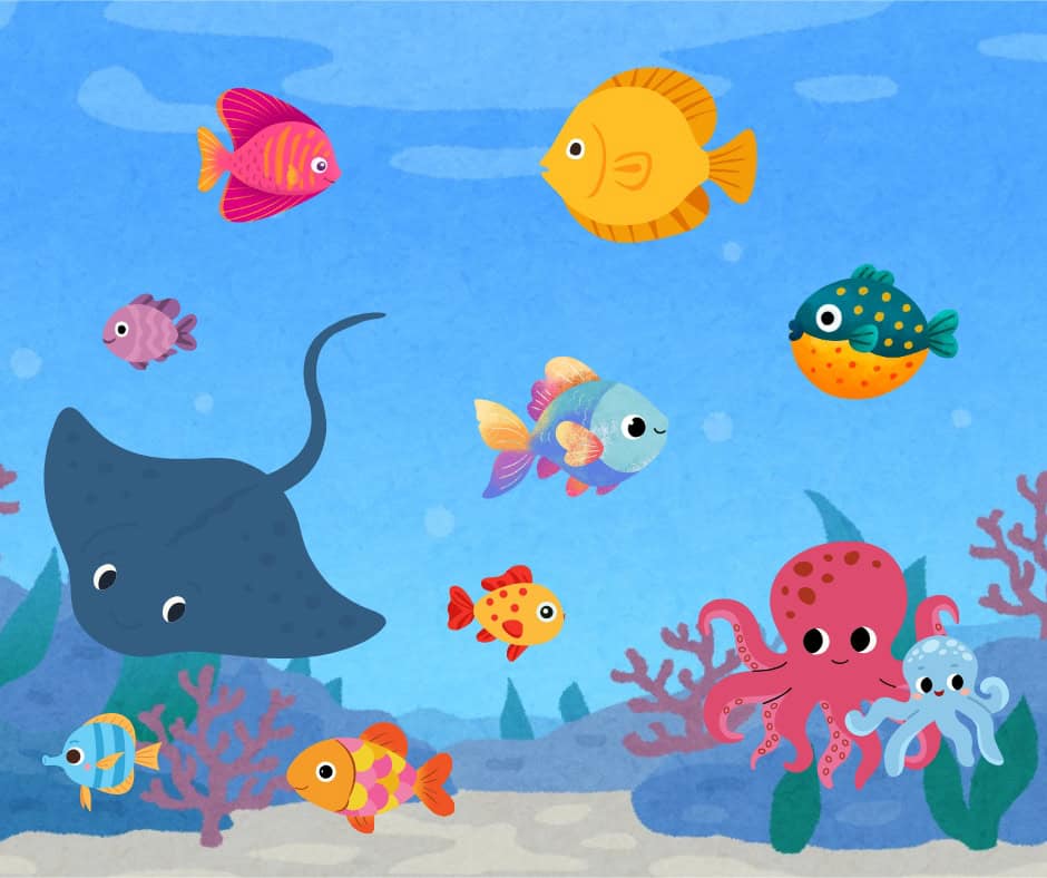 A cartoon scene of a coral reef. It features cute cartoon fish like a stingray, pufferfish, octopus, etc.