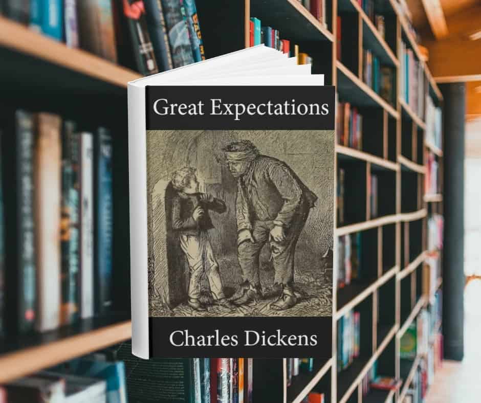 The cover features an illustration of a man in raggedy clothes leaning down towards a startled young boy. Behind the cover are shelves of books.