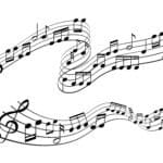 Music notes on scales twirl against a white background. It is a visual representation of someone playing music.