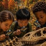 An illustration of a Caucasian girl, Asian boy, and an African-Canadian boy inspecting dinosaur bones with magnifying glasses.